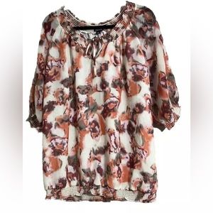 Relatively Blouse Top Sz 2XL Orange Abstract Fully Lined Tie Front Neckline